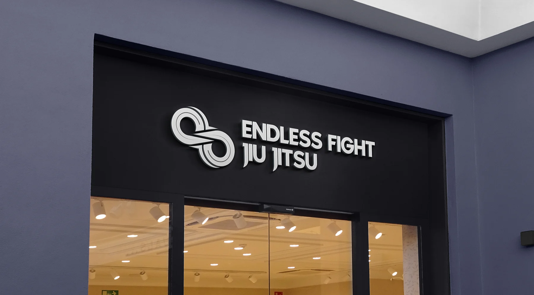 Endless Fight Jiu Jitsu brand identity applied to the academy entrance