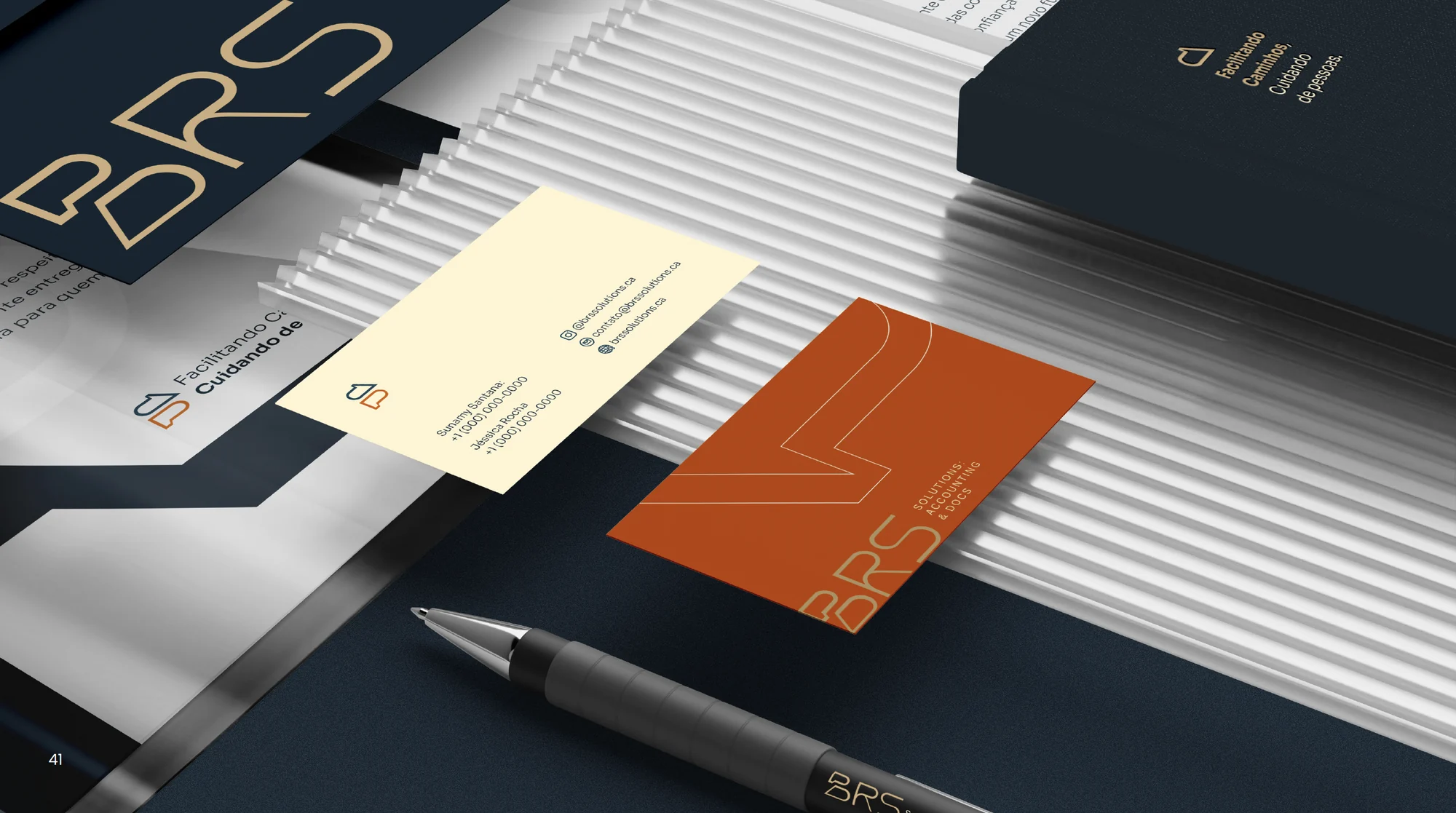 BRS Solutions visual identity applied to stationery and business cards