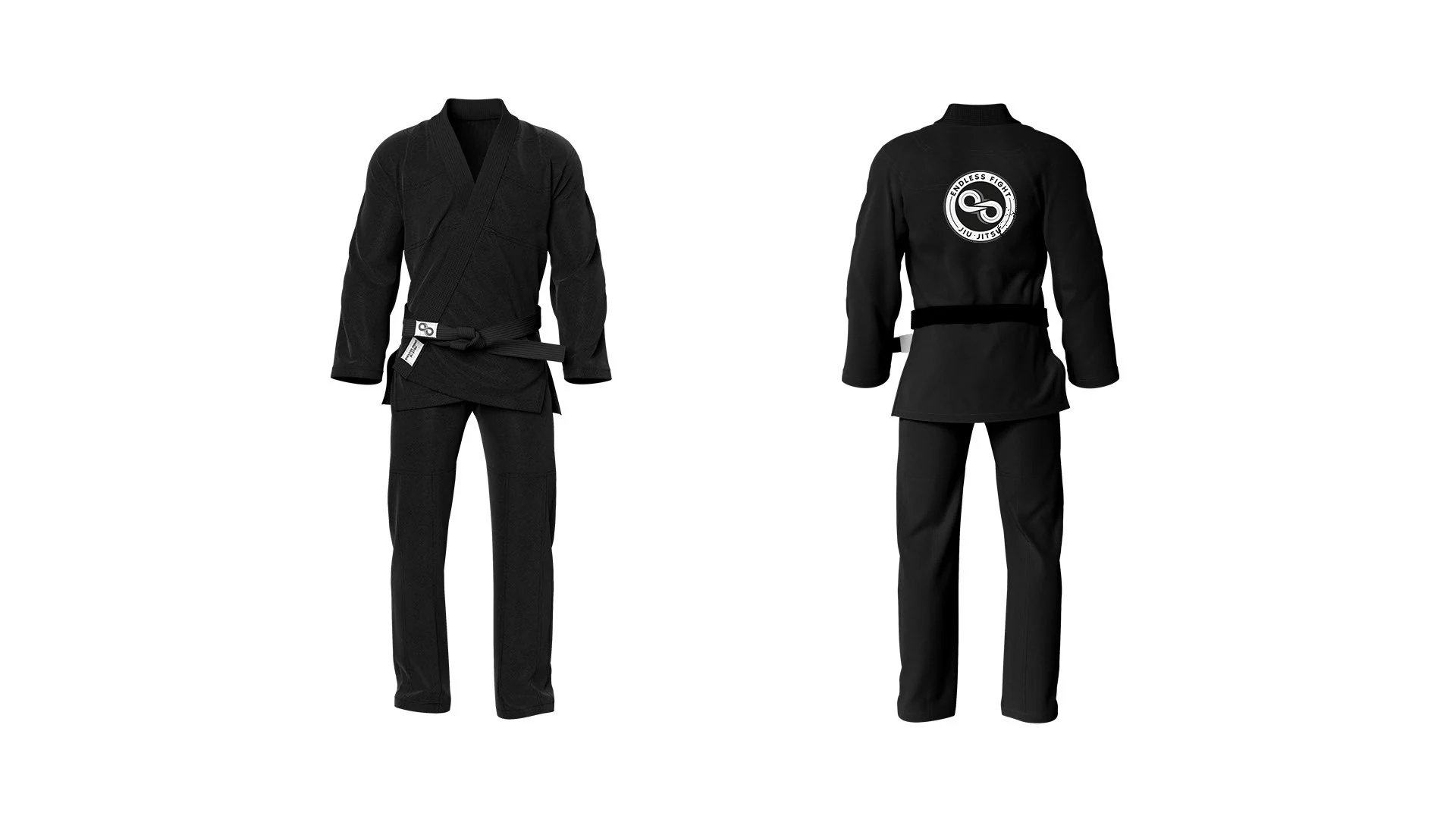 Endless Fight Jiu Jitsu brand application mockup: Black gi · Front & back