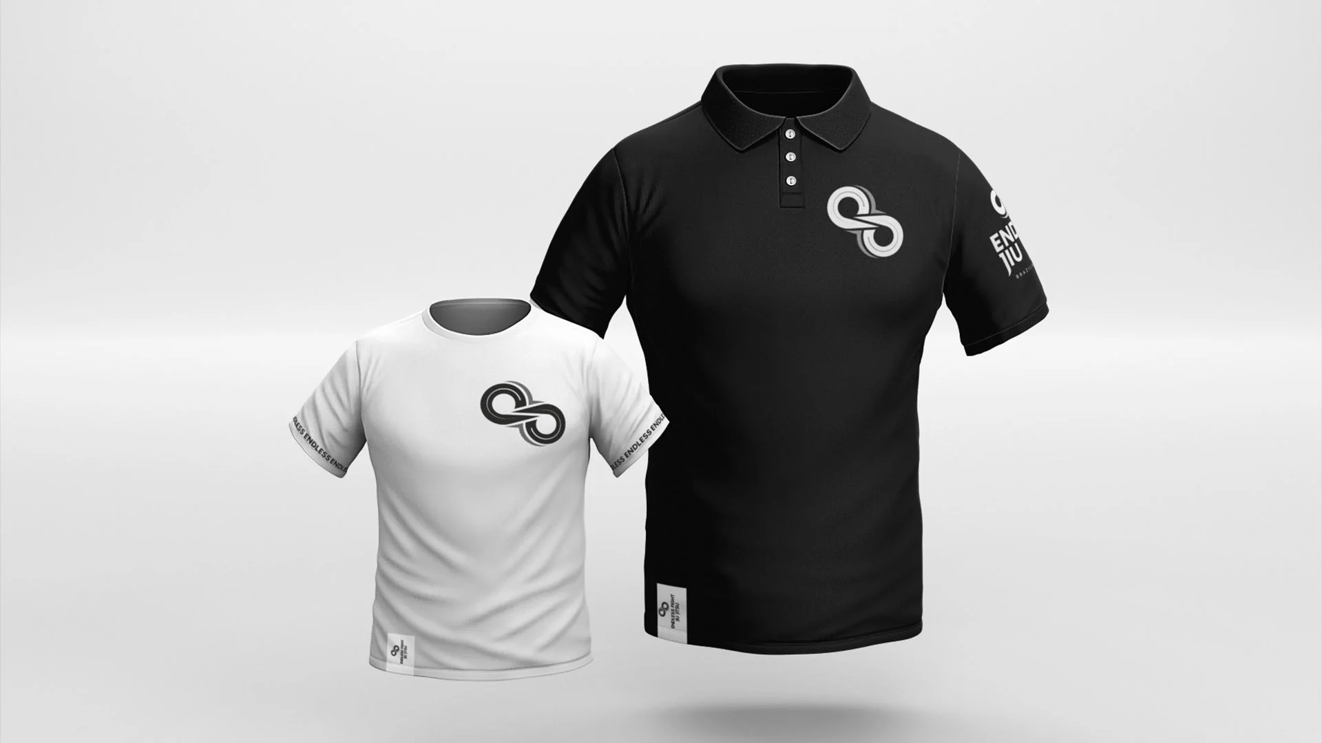 Endless Fight Jiu Jitsu brand application mockup: T-shirts · The identity off the mats