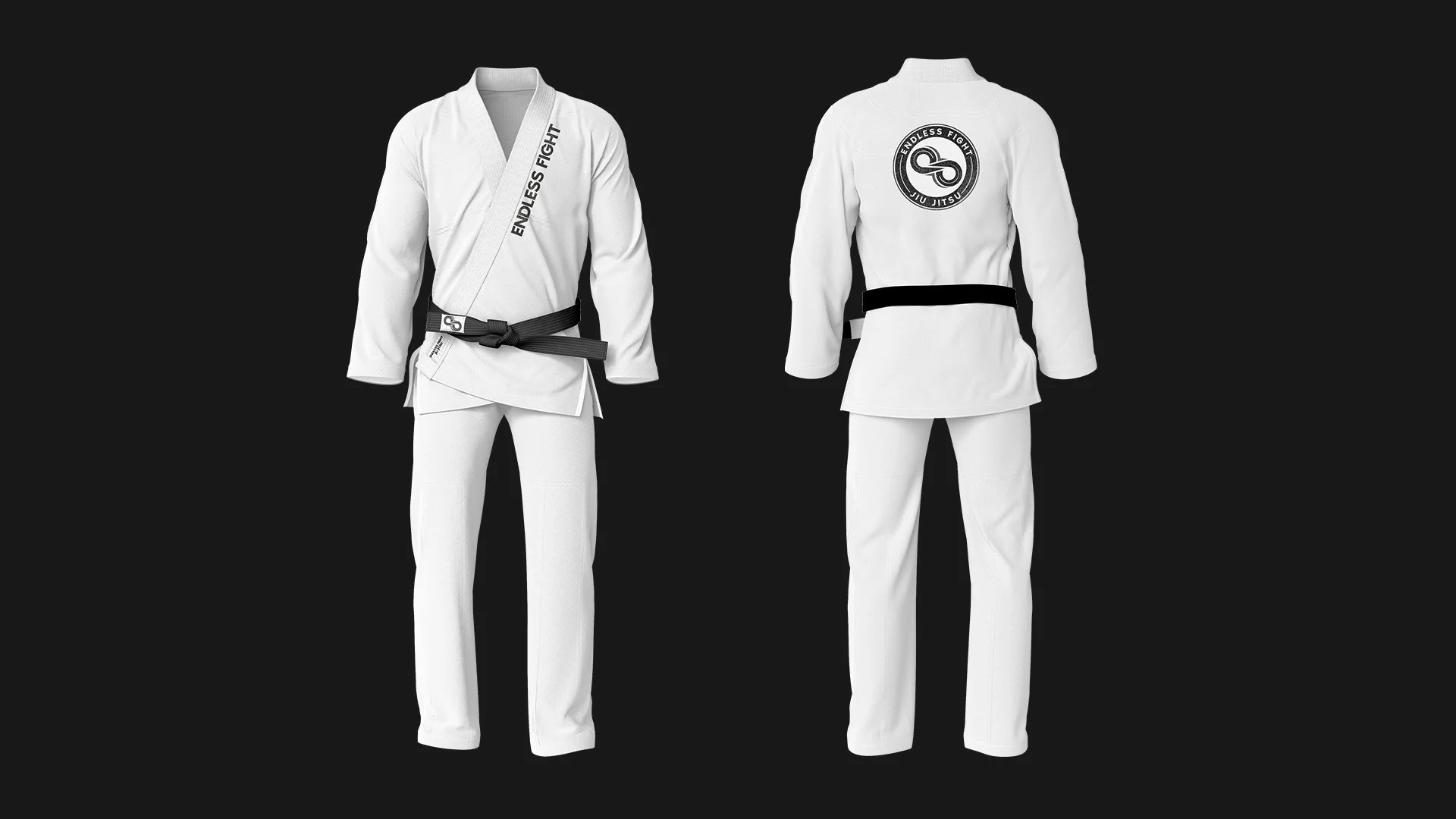 Endless Fight Jiu Jitsu brand application mockup: White gi · Front & back