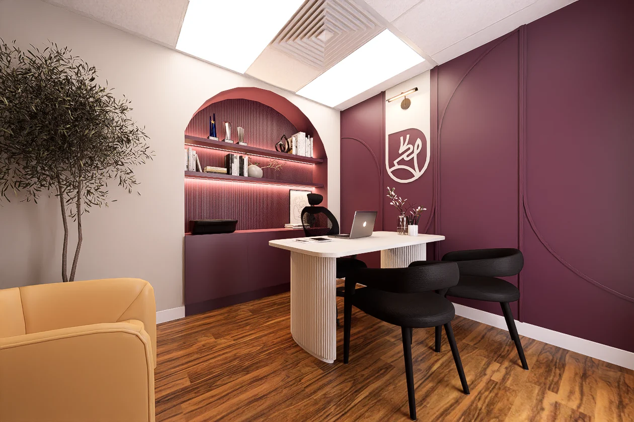 ARQMA Interiores office design rendering: Izabella’s workspace , the personal brand in the room