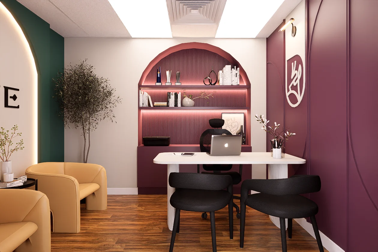ARQMA Interiores office design rendering: The desk, shelving and crest as one composition