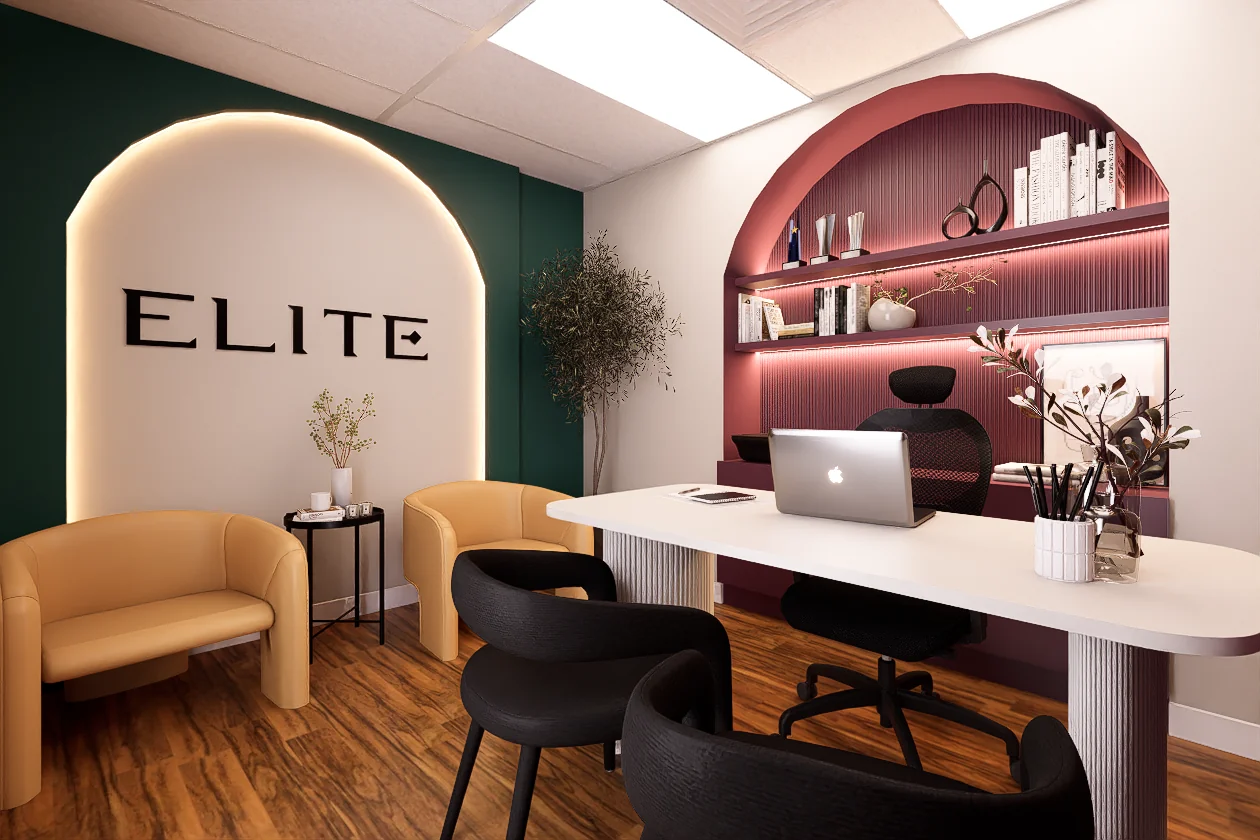 ARQMA Interiores office design rendering: Two connected brands sharing the same space