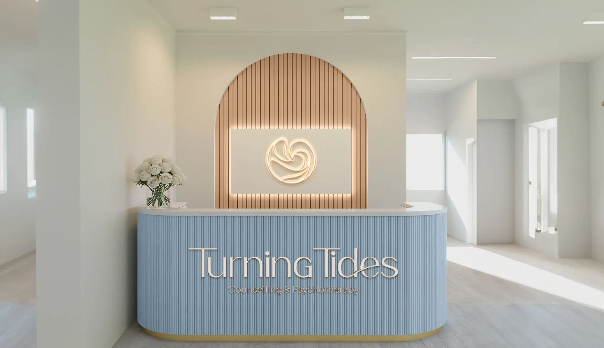 Turning Tides psychotherapy brand identity on a reception design concept